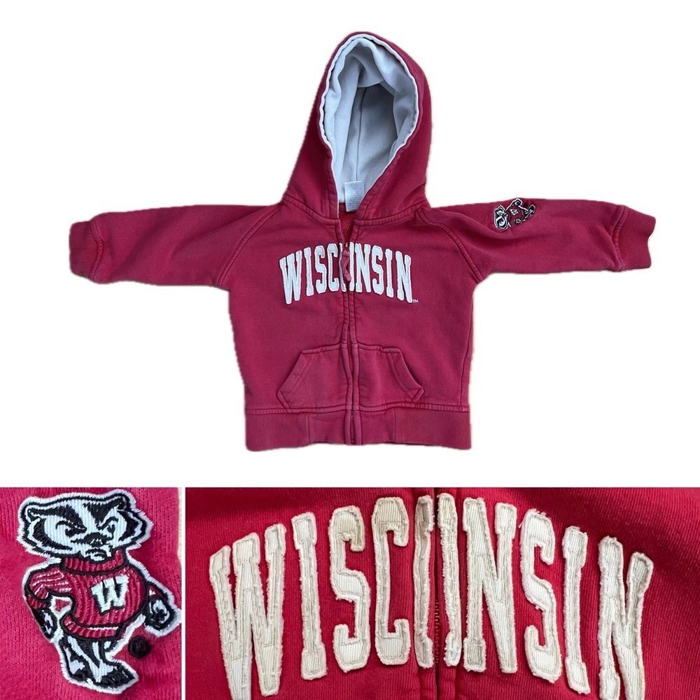 🦡Badgers Full Zip Red Hoodie Jacket Sweatshirt Wisconsin Madison 12-18 Months